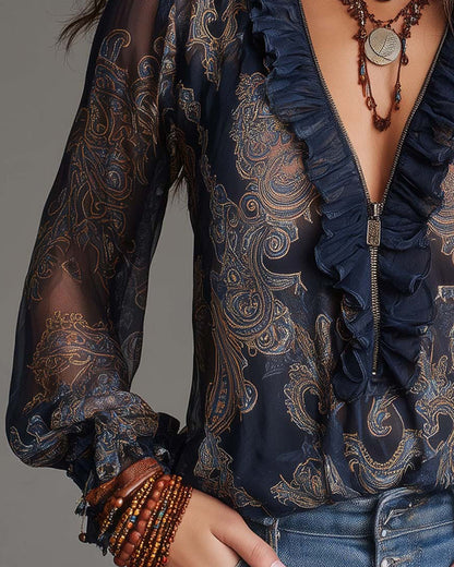 Blusa Demi-Zip Volante Retro