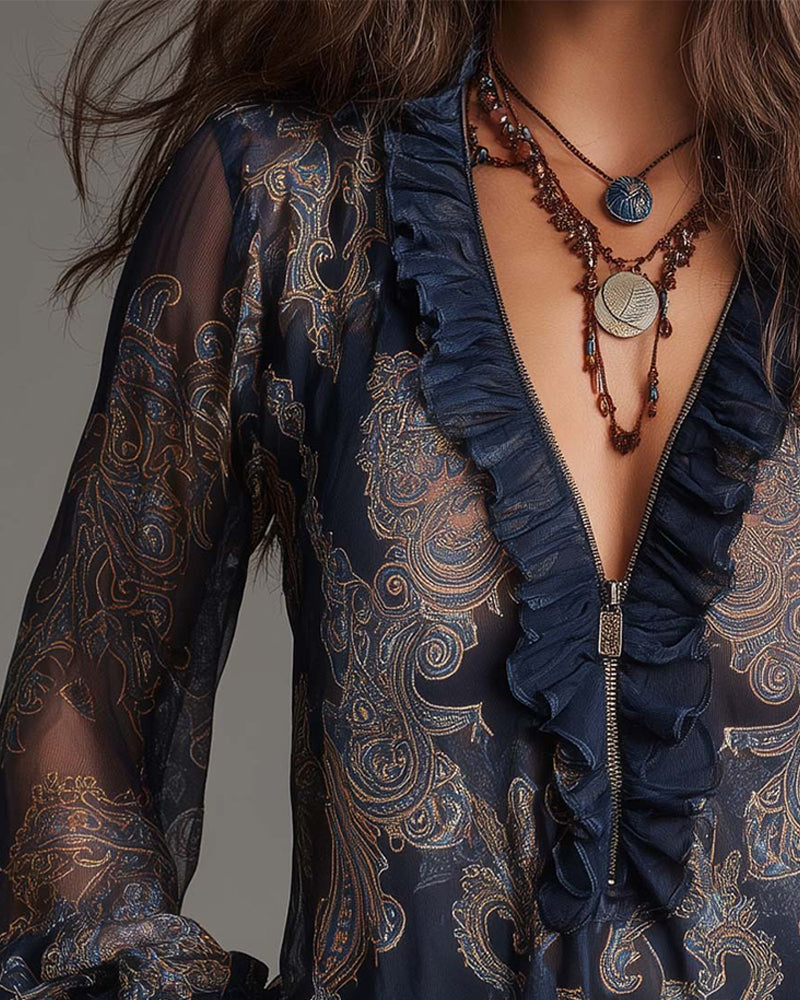 Blusa Demi-Zip Volante Retro